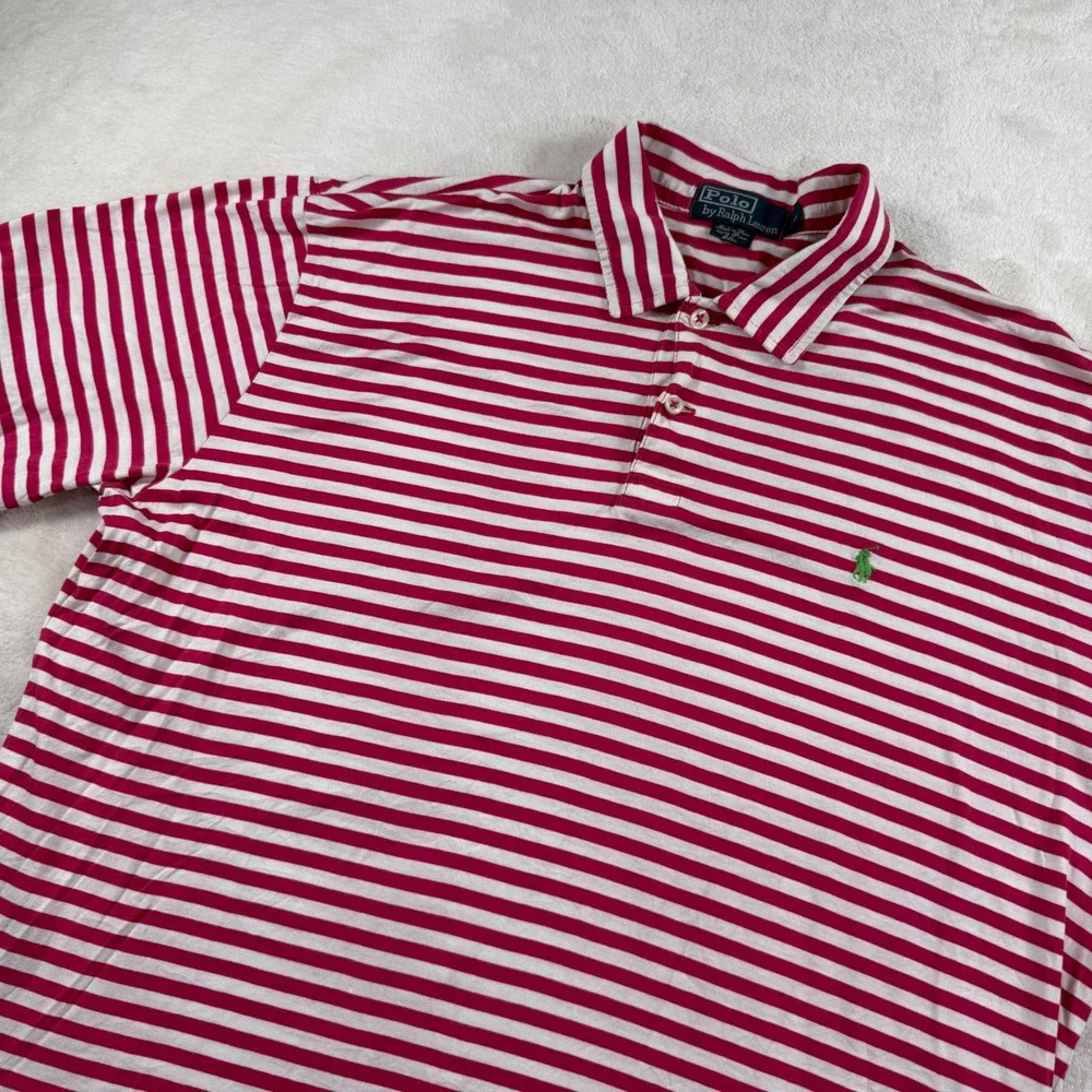 Polo Ralph Lauren Mens Medium red white Striped Pima Cotton Polo Shirt Short